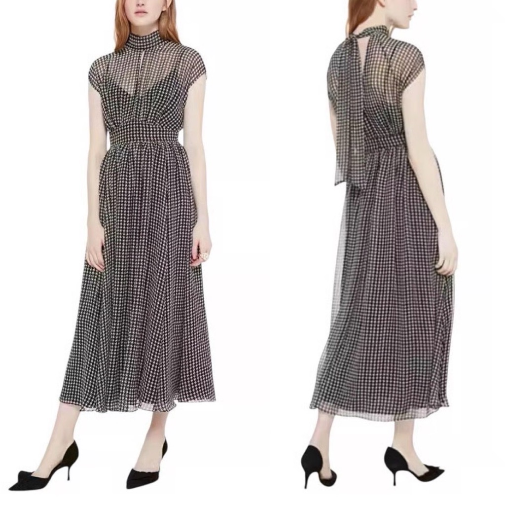 Euc Nwot Size 2 Kate Spade Houndstooth Chiffon Dress Black White Midi